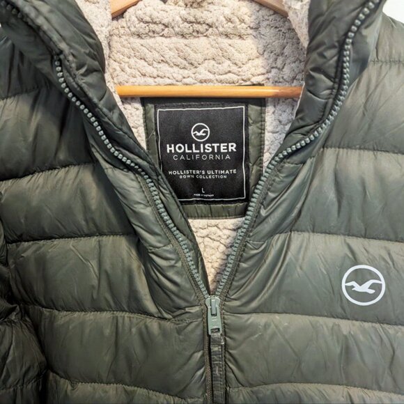 HOLLISTER Mens Olive Green Puffer Jacket Sherpa Lined Hood Coat Warm Winter (L) - Picture 7 of 12